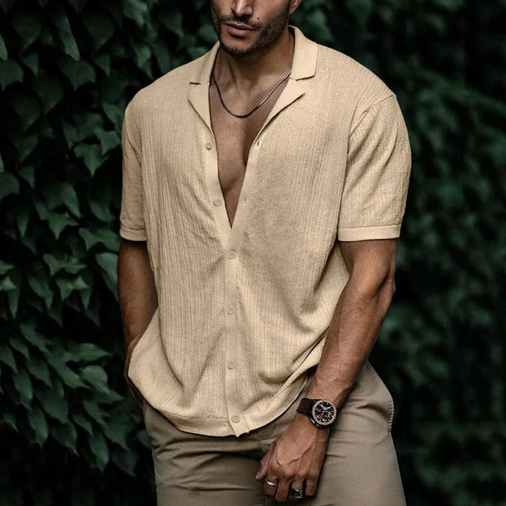Men's Short-Sleeve Button-Up Shirt Relaxed Open-Collar Knit