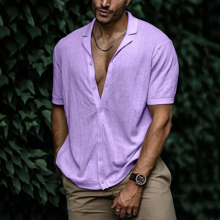 Men's Short-Sleeve Button-Up Shirt Relaxed Open-Collar Knit