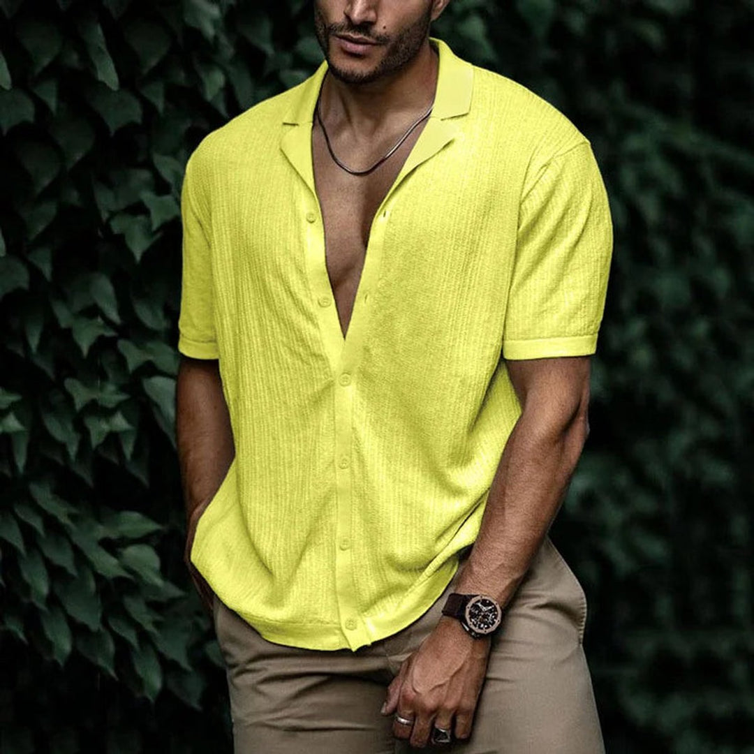Men's Short-Sleeve Button-Up Shirt Relaxed Open-Collar Knit