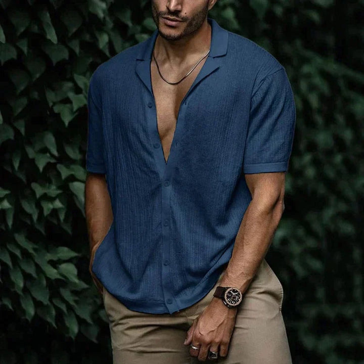 Men's Short-Sleeve Button-Up Shirt Relaxed Open-Collar Knit
