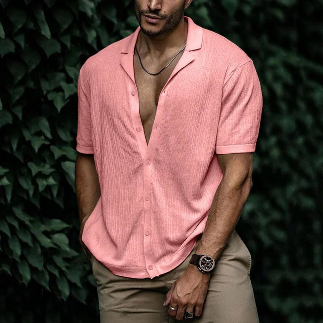 Men's Short-Sleeve Button-Up Shirt Relaxed Open-Collar Knit