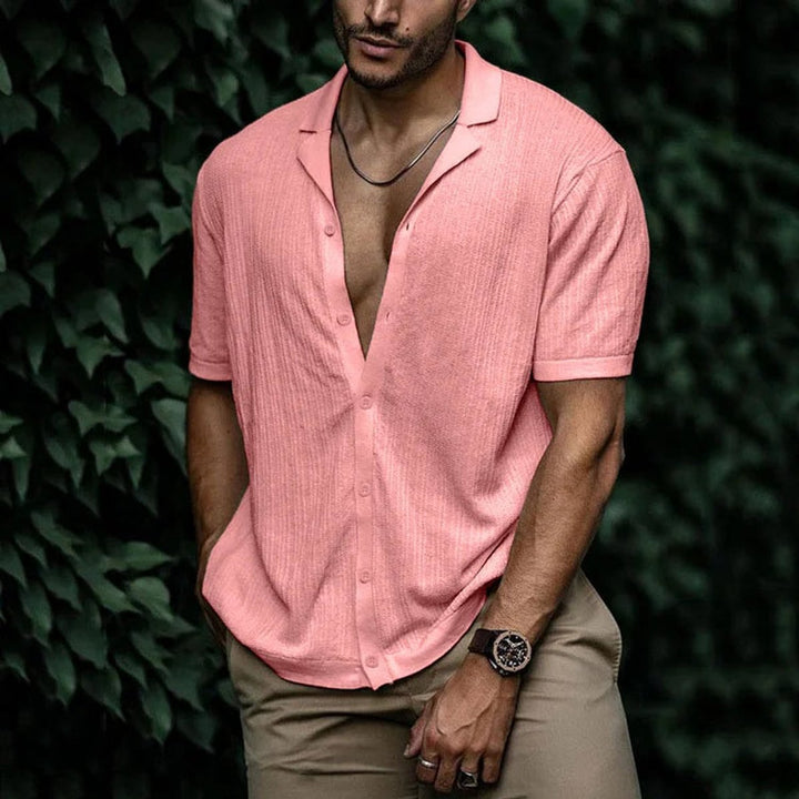 Men's Short-Sleeve Button-Up Shirt Relaxed Open-Collar Knit