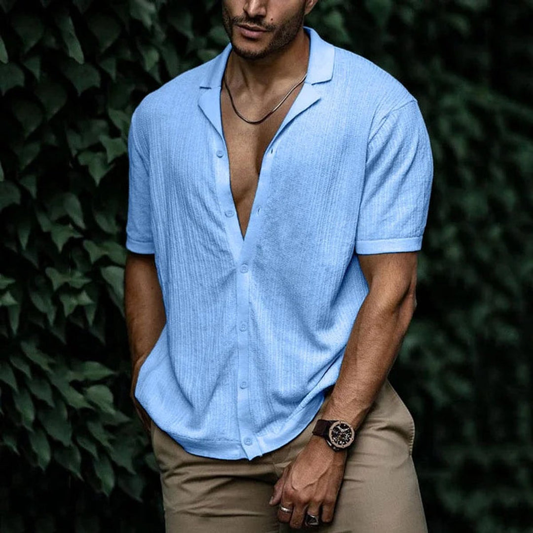 Men's Short-Sleeve Button-Up Shirt Relaxed Open-Collar Knit