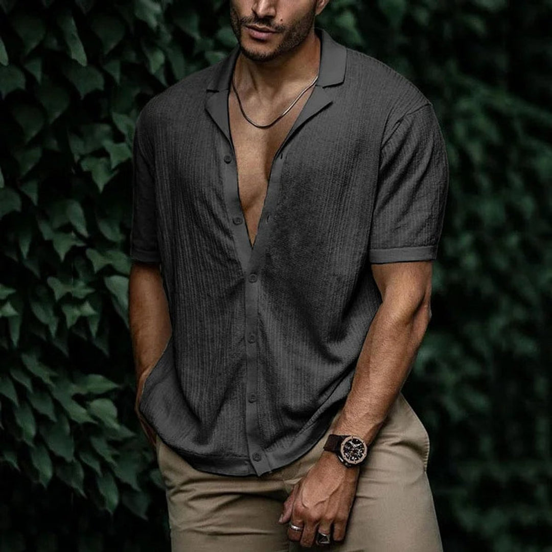Men's Short-Sleeve Button-Up Shirt Relaxed Open-Collar Knit