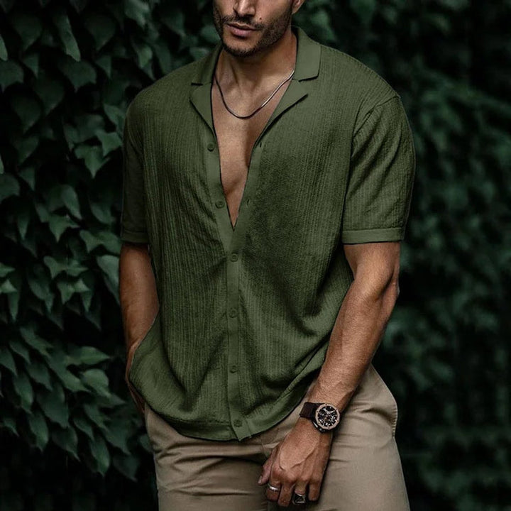 Men's Short-Sleeve Button-Up Shirt Relaxed Open-Collar Knit