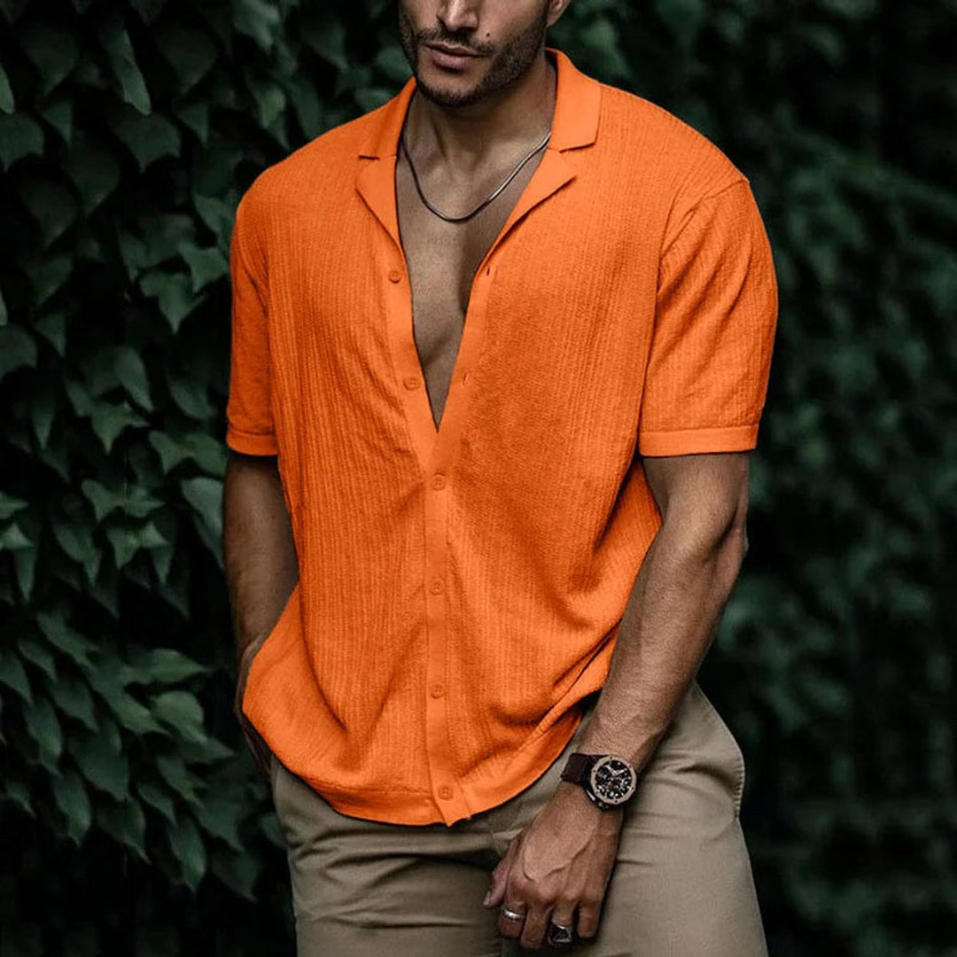 Men's Short-Sleeve Button-Up Shirt Relaxed Open-Collar Knit