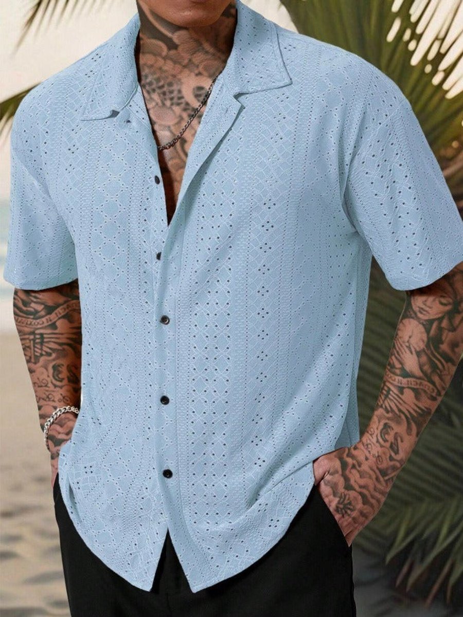 Men's Short-Sleeve Camp Collar Eyelet Shirt