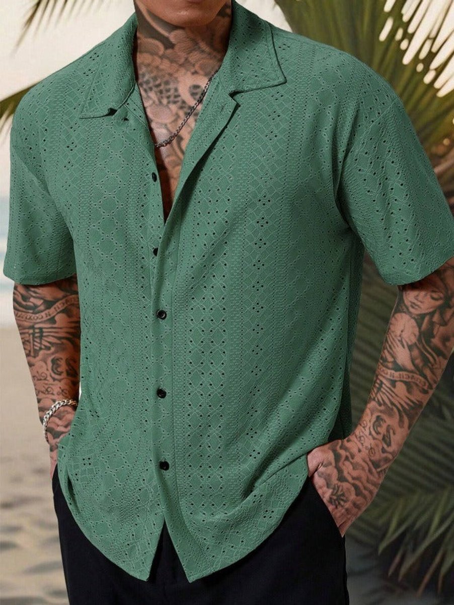 Men's Short-Sleeve Camp Collar Eyelet Shirt