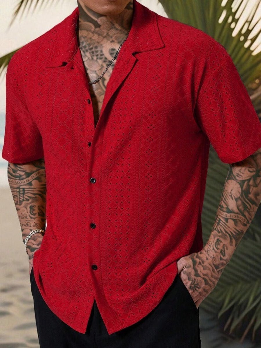 Men's Short-Sleeve Camp Collar Eyelet Shirt