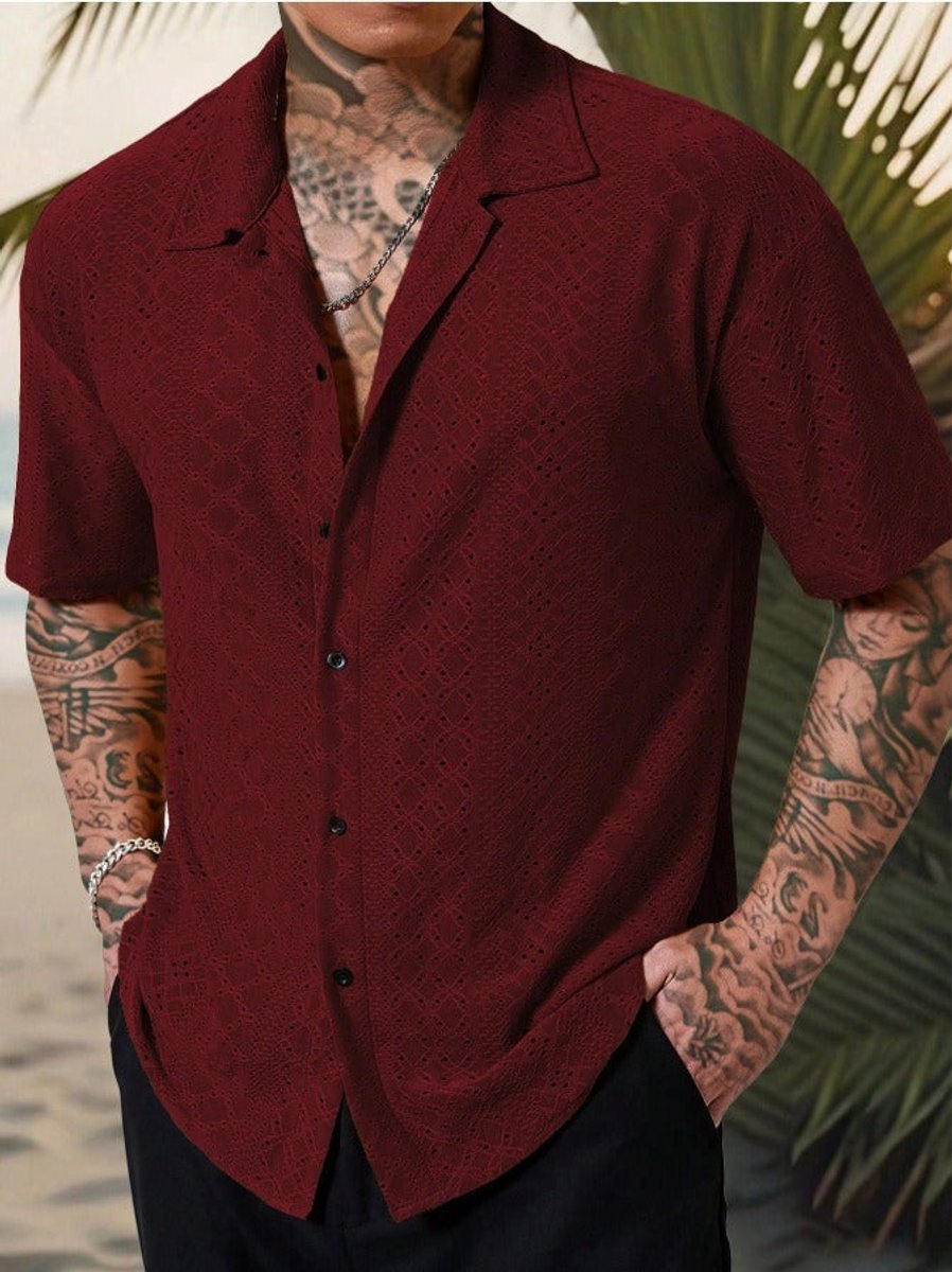Men's Short-Sleeve Camp Collar Eyelet Shirt