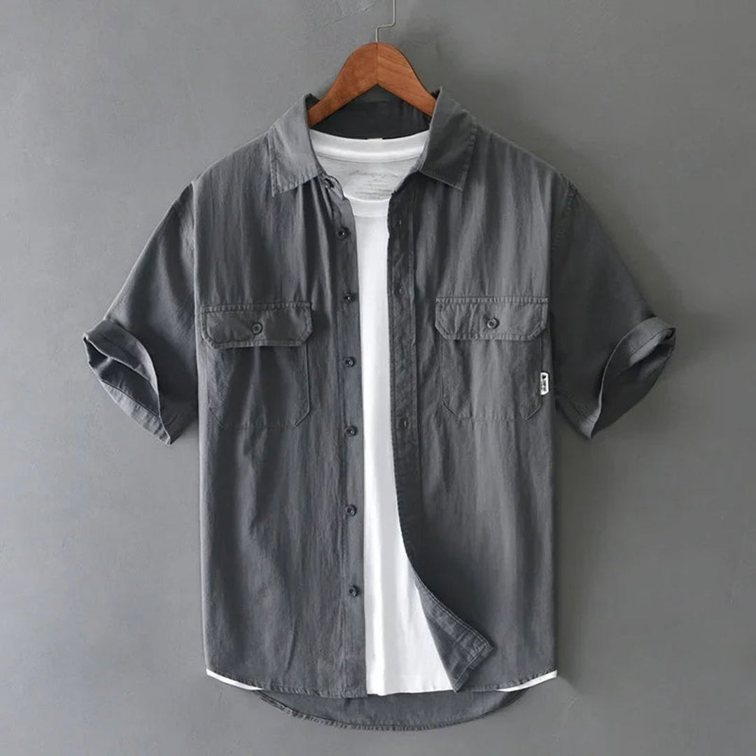 Men's Short-Sleeve Cotton Shirt Twin-Pocket Relaxed Workwear Shirt