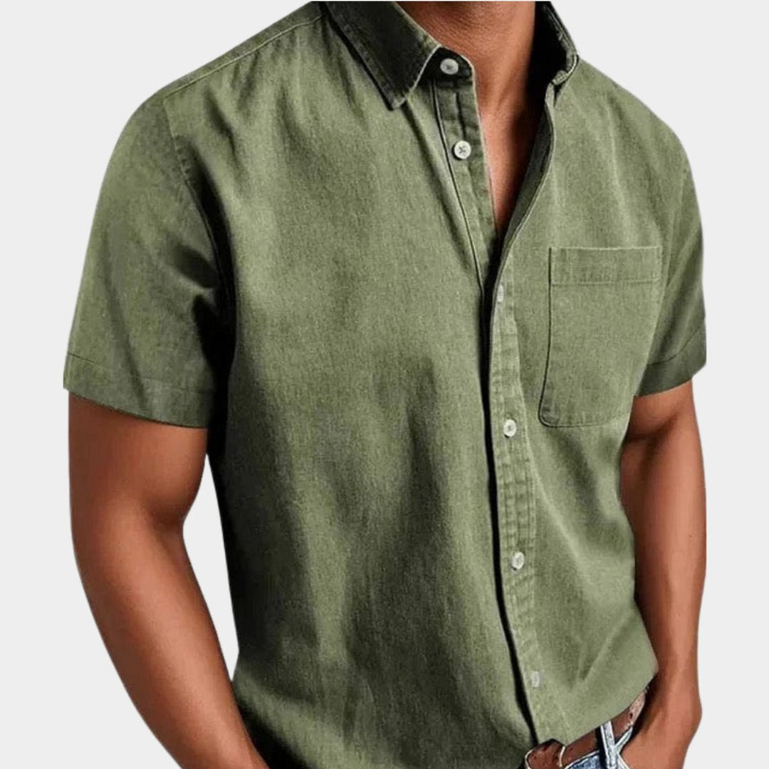 Men's Short-Sleeve Denim Casual Shirt Chest Pocket Button-Down