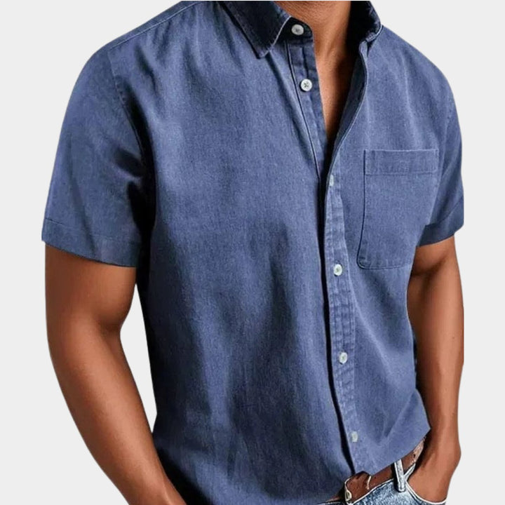 Men's Short-Sleeve Denim Casual Shirt Chest Pocket Button-Down