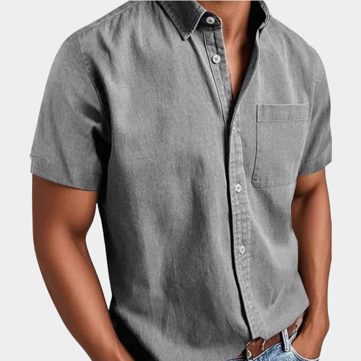 Men's Short-Sleeve Denim Casual Shirt Chest Pocket Button-Down