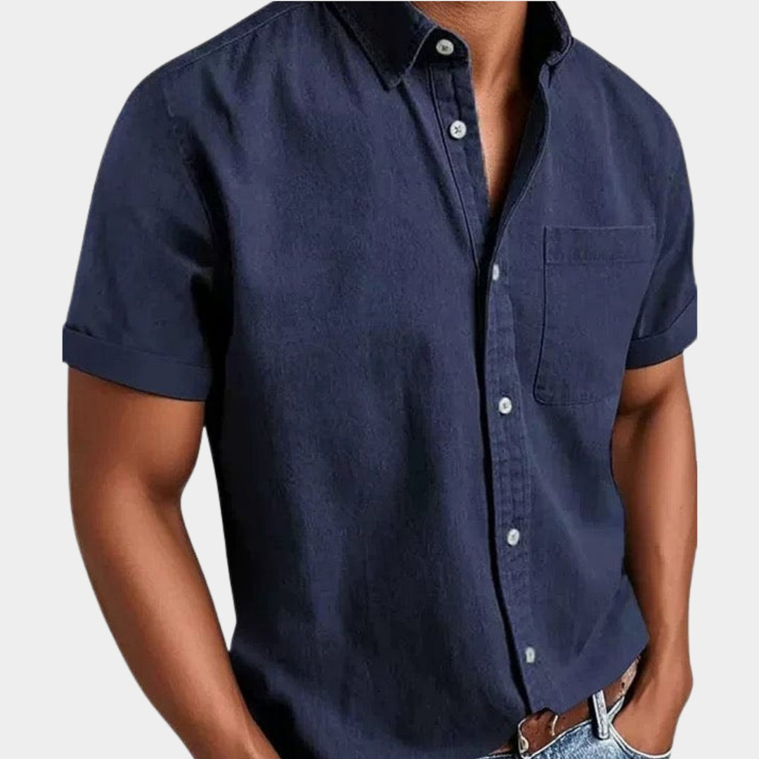 Men's Short-Sleeve Denim Casual Shirt Chest Pocket Button-Down