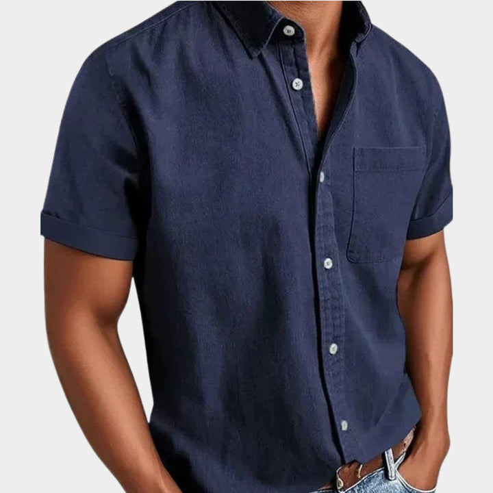 Men's Short-Sleeve Denim Casual Shirt Chest Pocket Button-Down
