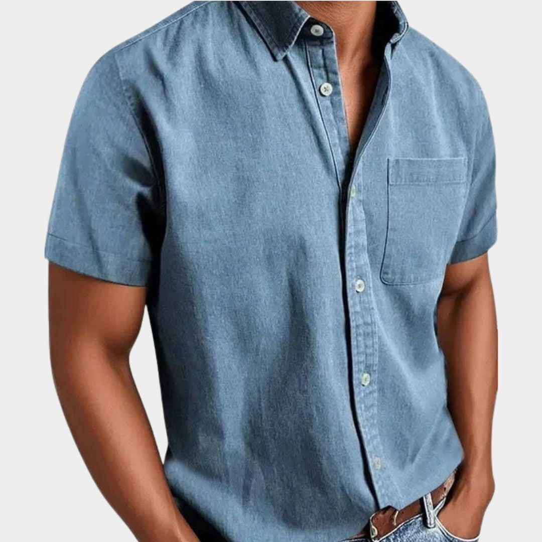 Men's Short-Sleeve Denim Casual Shirt Chest Pocket Button-Down
