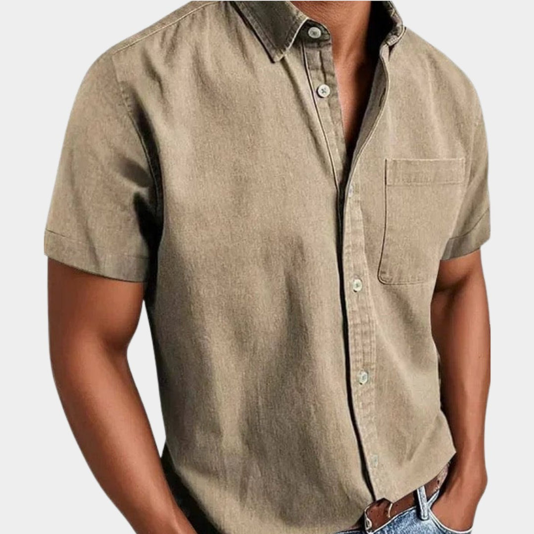 Men's Short-Sleeve Denim Casual Shirt Chest Pocket Button-Down