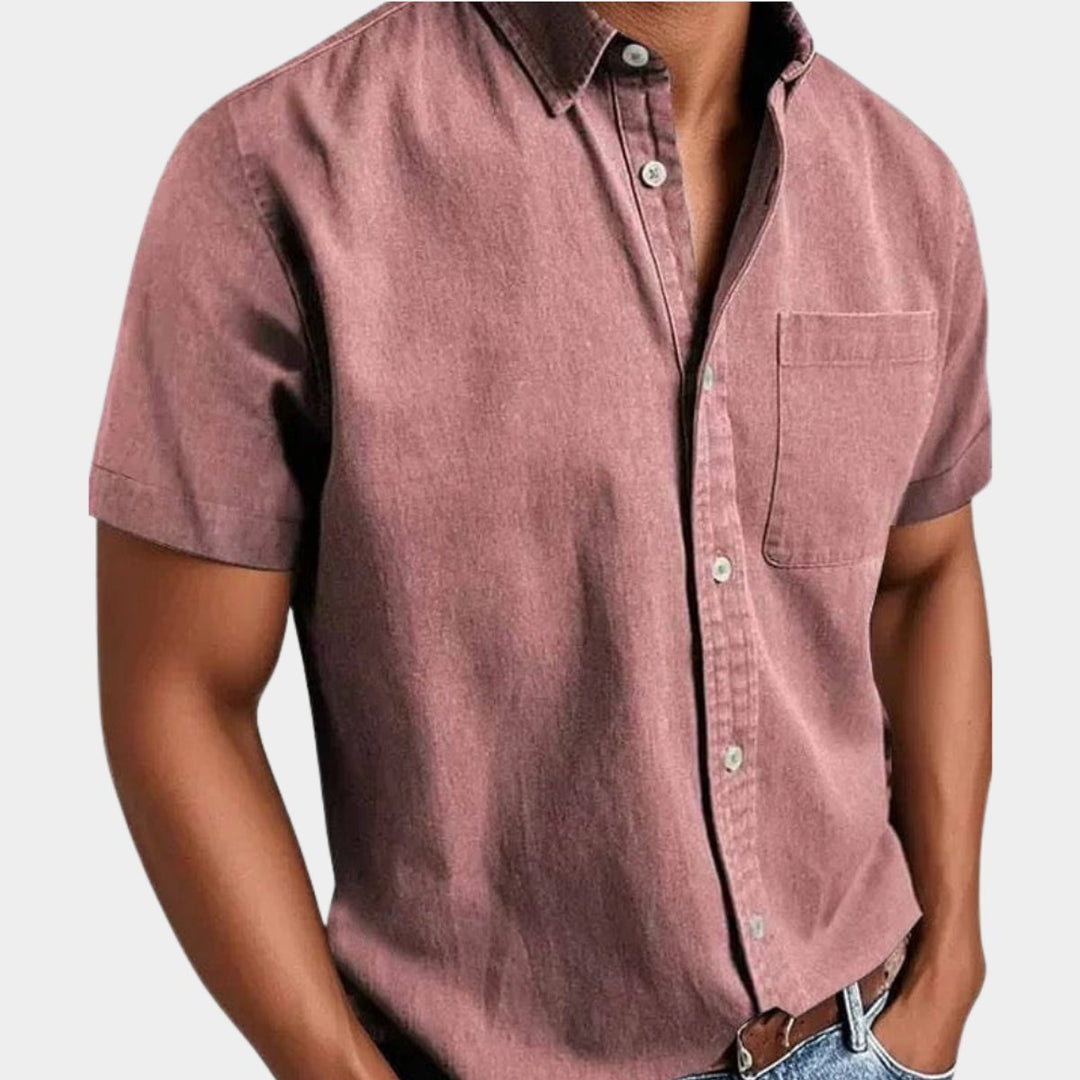 Men's Short-Sleeve Denim Casual Shirt Chest Pocket Button-Down