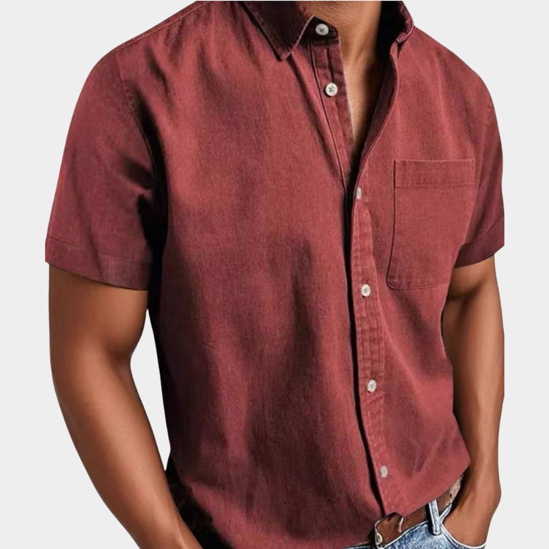 Men's Short-Sleeve Denim Casual Shirt Chest Pocket Button-Down