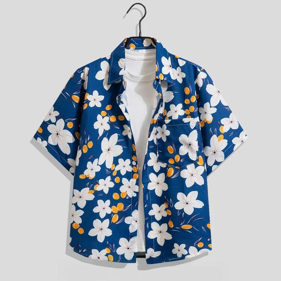 Mens Short-Sleeve Floral Print Open-Collar Holiday Shirt