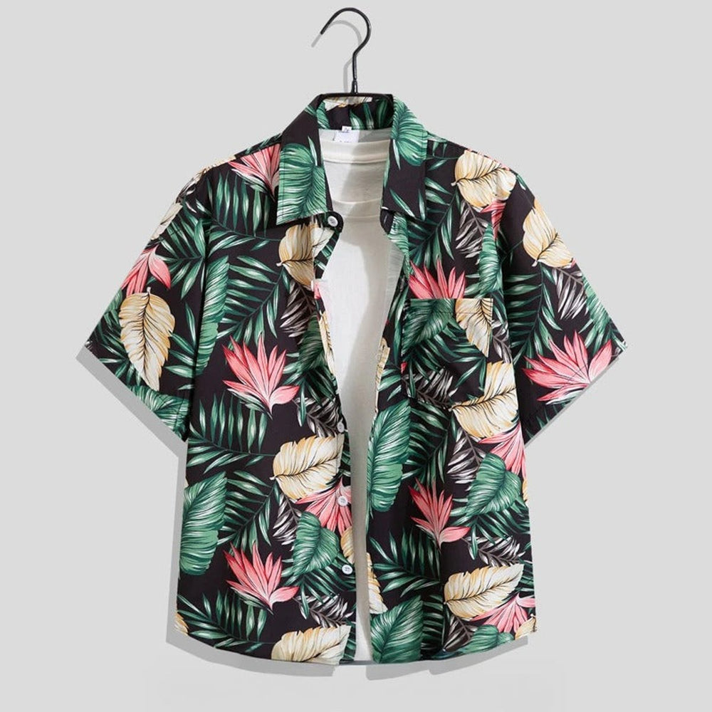 Mens Short-Sleeve Floral Print Open-Collar Holiday Shirt