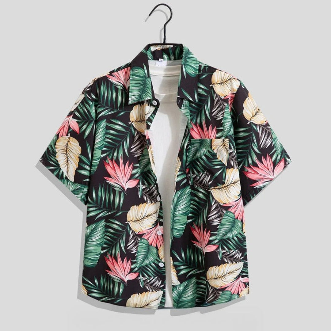 Mens Short-Sleeve Floral Print Open-Collar Holiday Shirt