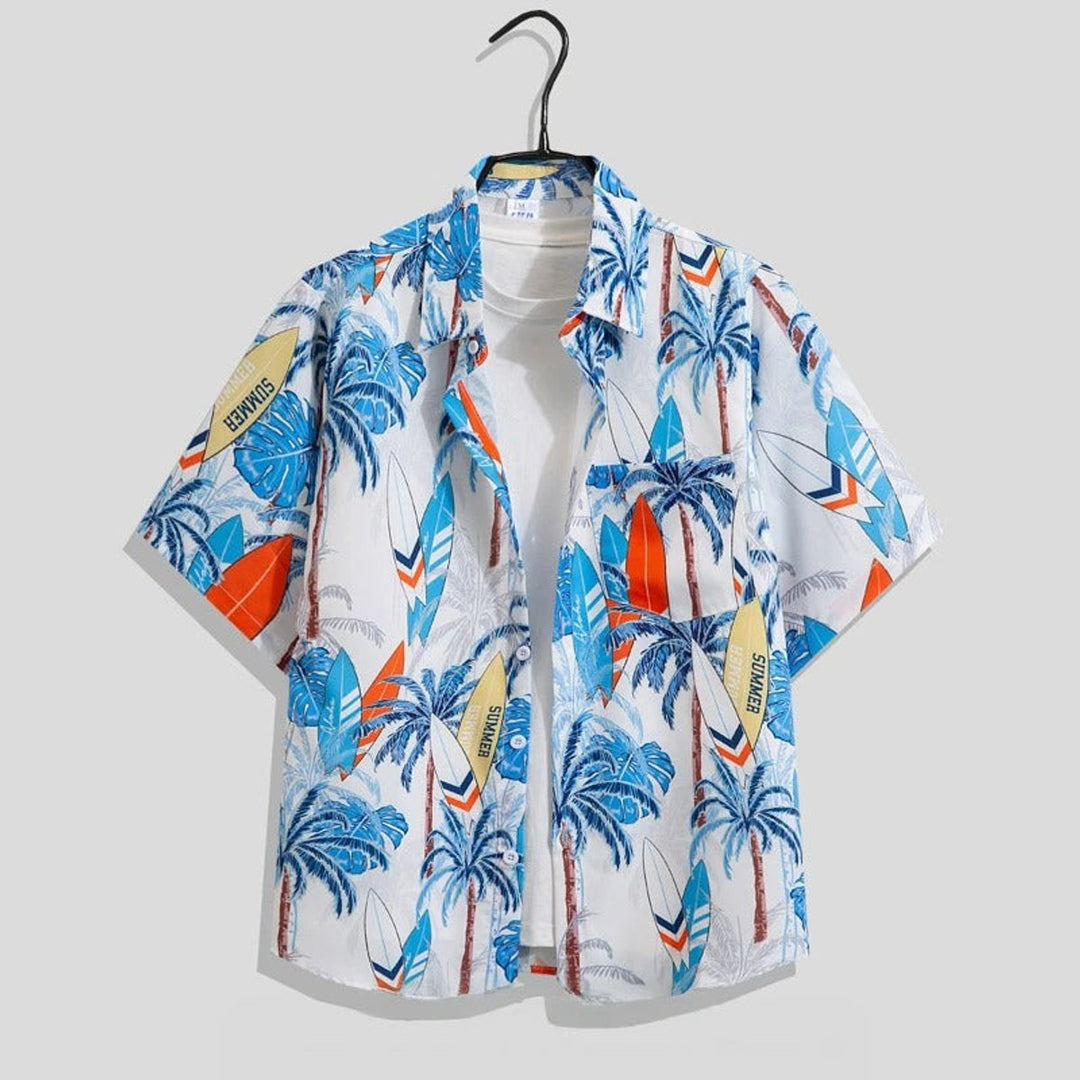 Mens Short-Sleeve Floral Print Open-Collar Holiday Shirt