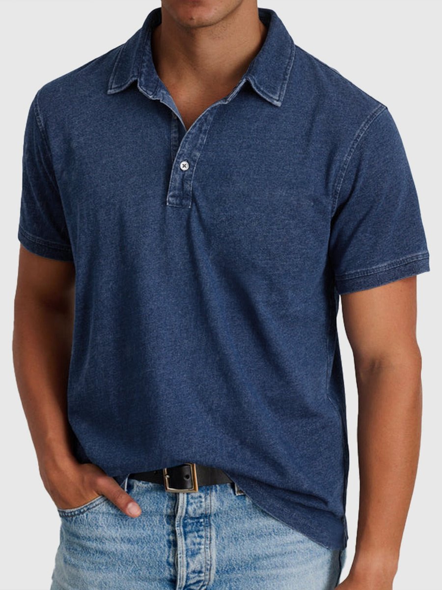 Men's Short-Sleeve Henley Polo Shirt Cotton Denim Regular Fit