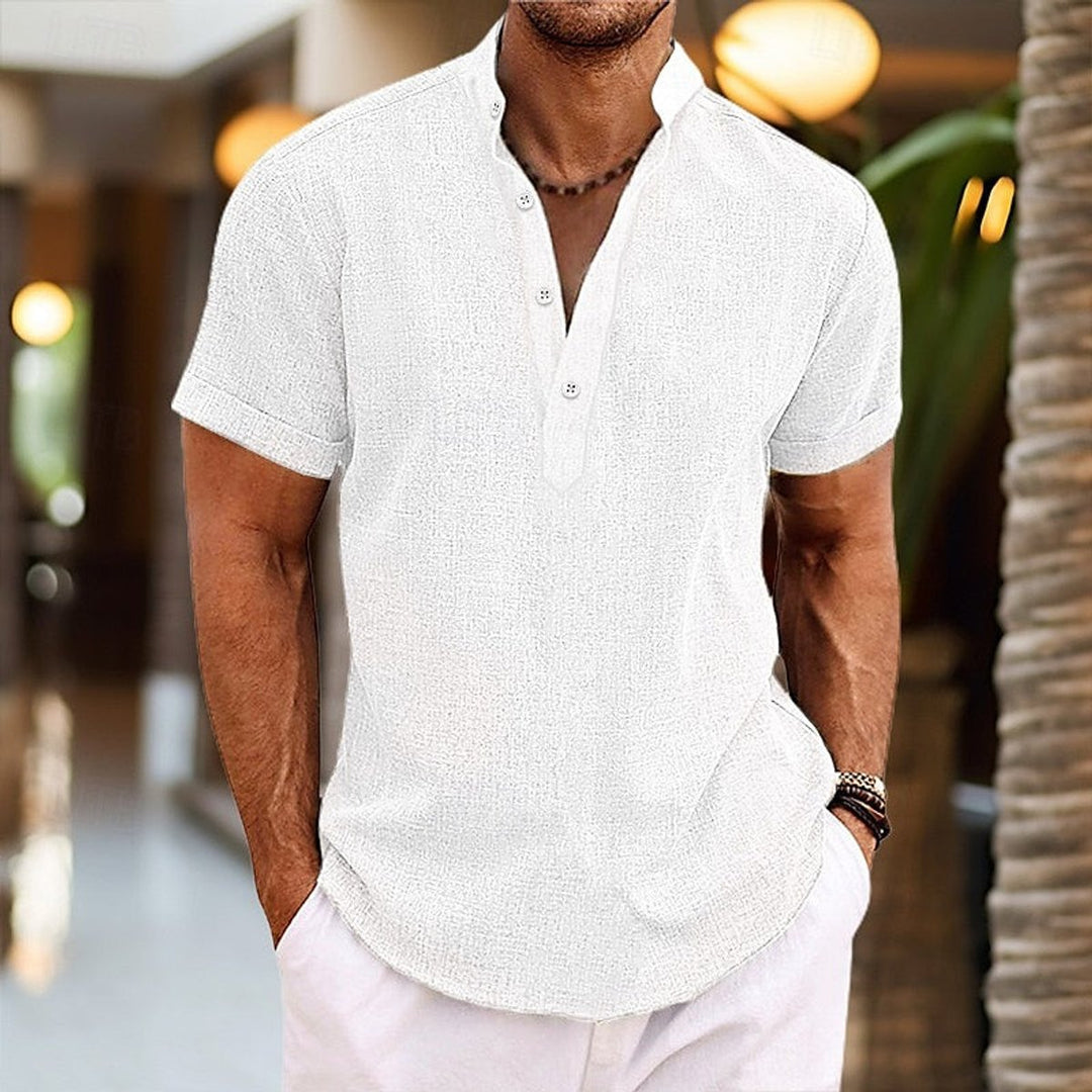 Men's Short-Sleeve Henley Shirt Linen-Feel Button Neck