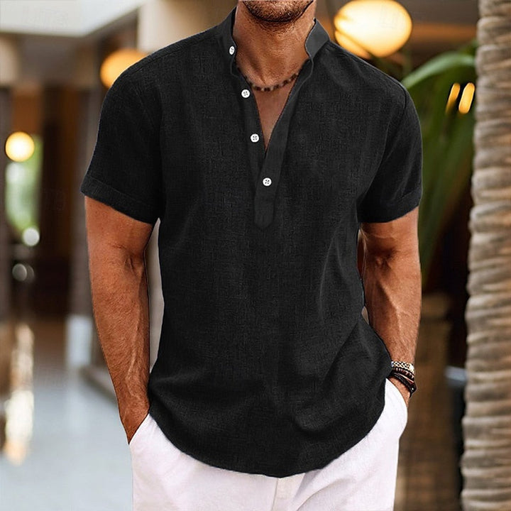 Men's Short-Sleeve Henley Shirt Linen-Feel Button Neck
