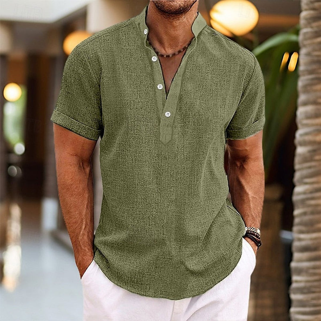 Men's Short-Sleeve Henley Shirt Linen-Feel Button Neck