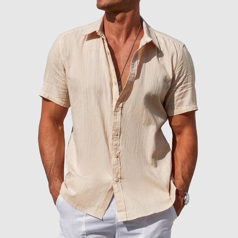Men's Short-Sleeve Linen Button-Up Shirt Breathable Summer Top