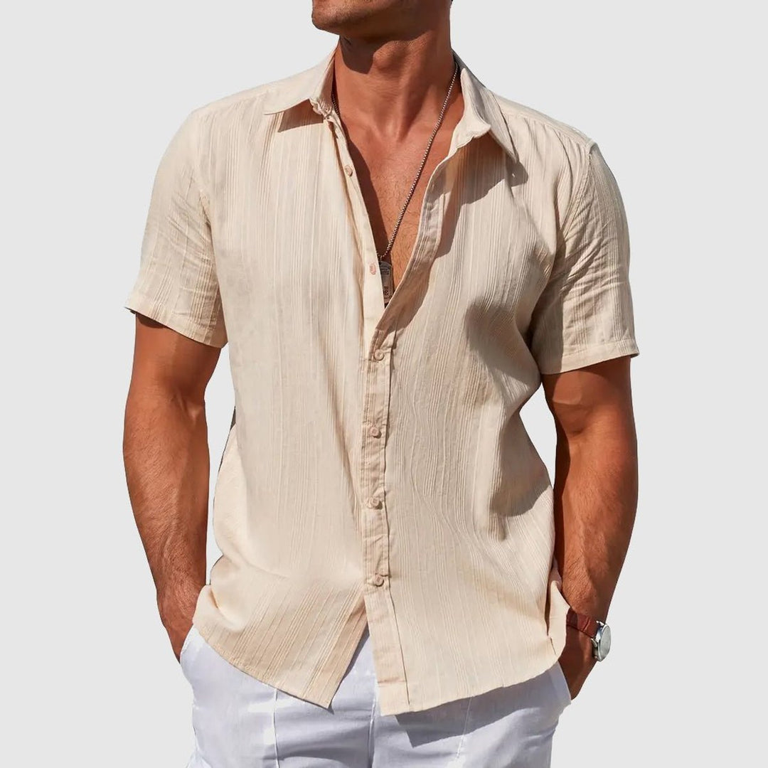 Men's Short-Sleeve Linen Button-Up Shirt Breathable Summer Top