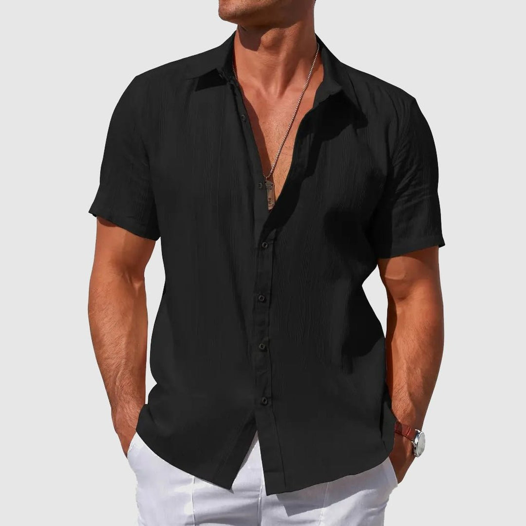 Men's Short-Sleeve Linen Button-Up Shirt Breathable Summer Top