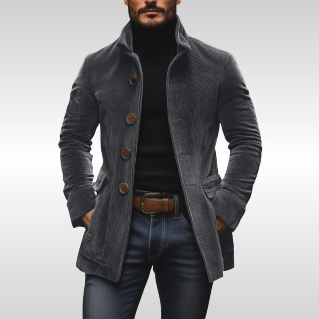 Mens Slim-Fit Corduroy Stand-Collar Overcoat Wooden-Button Jacket