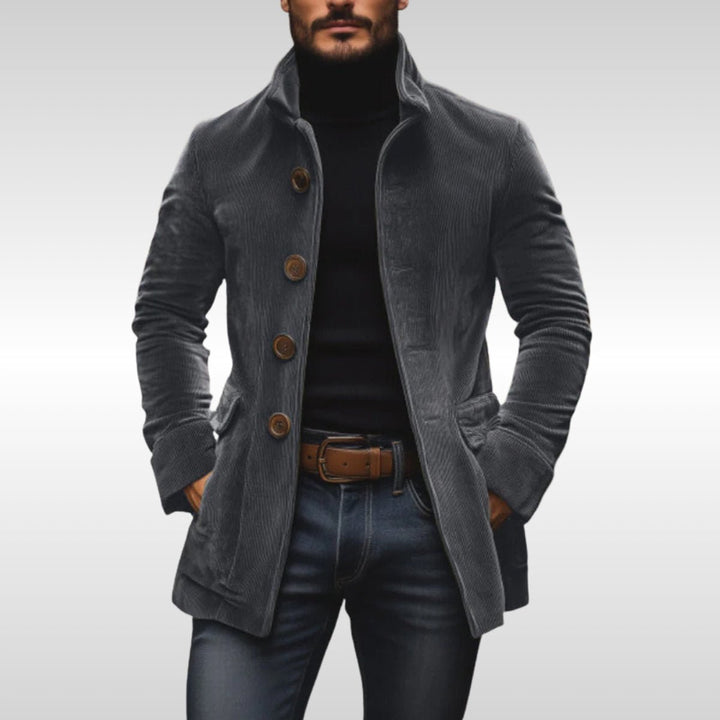 Mens Slim-Fit Corduroy Stand-Collar Overcoat Wooden-Button Jacket