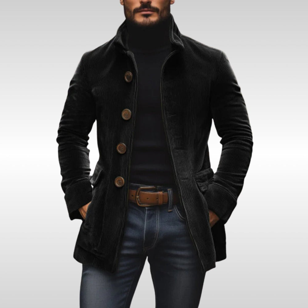 Mens Slim-Fit Corduroy Stand-Collar Overcoat Wooden-Button Jacket