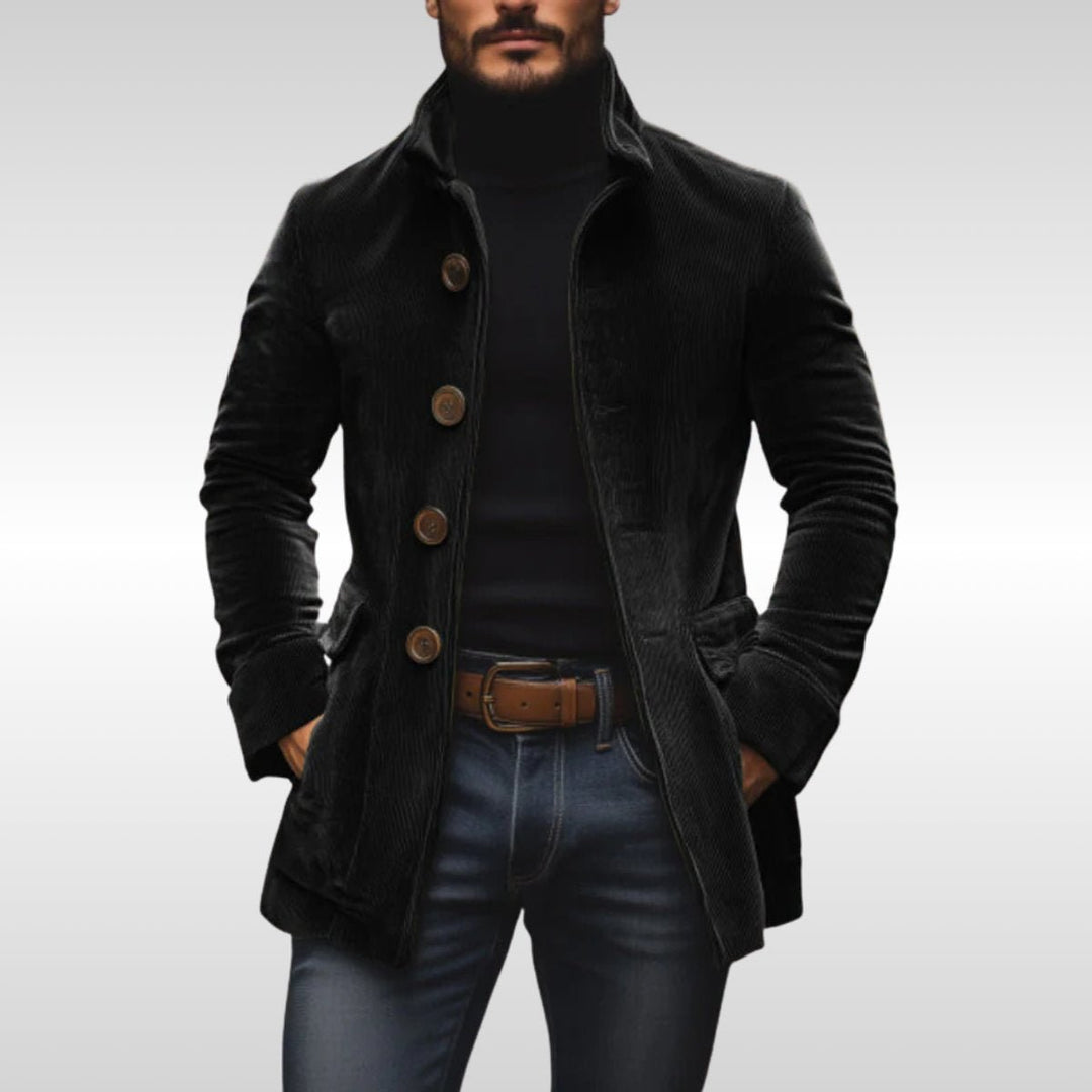 Mens Slim-Fit Corduroy Stand-Collar Overcoat Wooden-Button Jacket