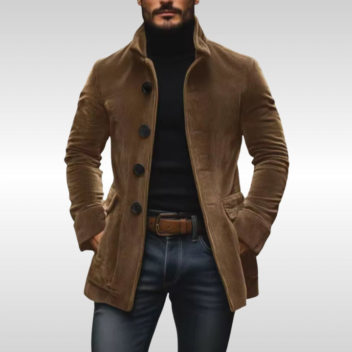 Mens Slim-Fit Corduroy Stand-Collar Overcoat Wooden-Button Jacket
