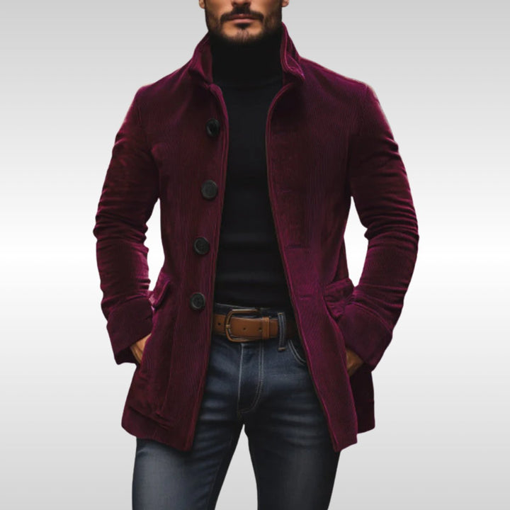 Mens Slim-Fit Corduroy Stand-Collar Overcoat Wooden-Button Jacket