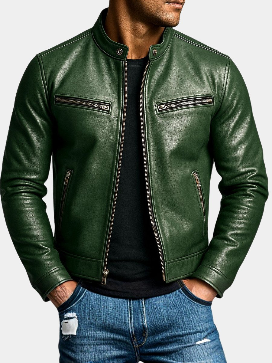 Mens Slim-Fit Faux Leather Biker Jacket Zip-Up Moto Coat