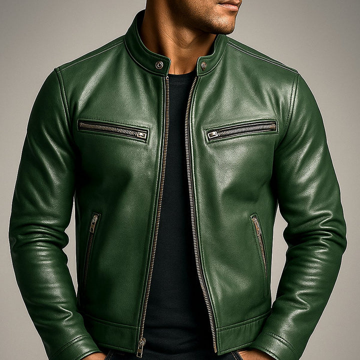 Mens Slim-Fit Faux Leather Biker Jacket Zip-Up Moto Coat