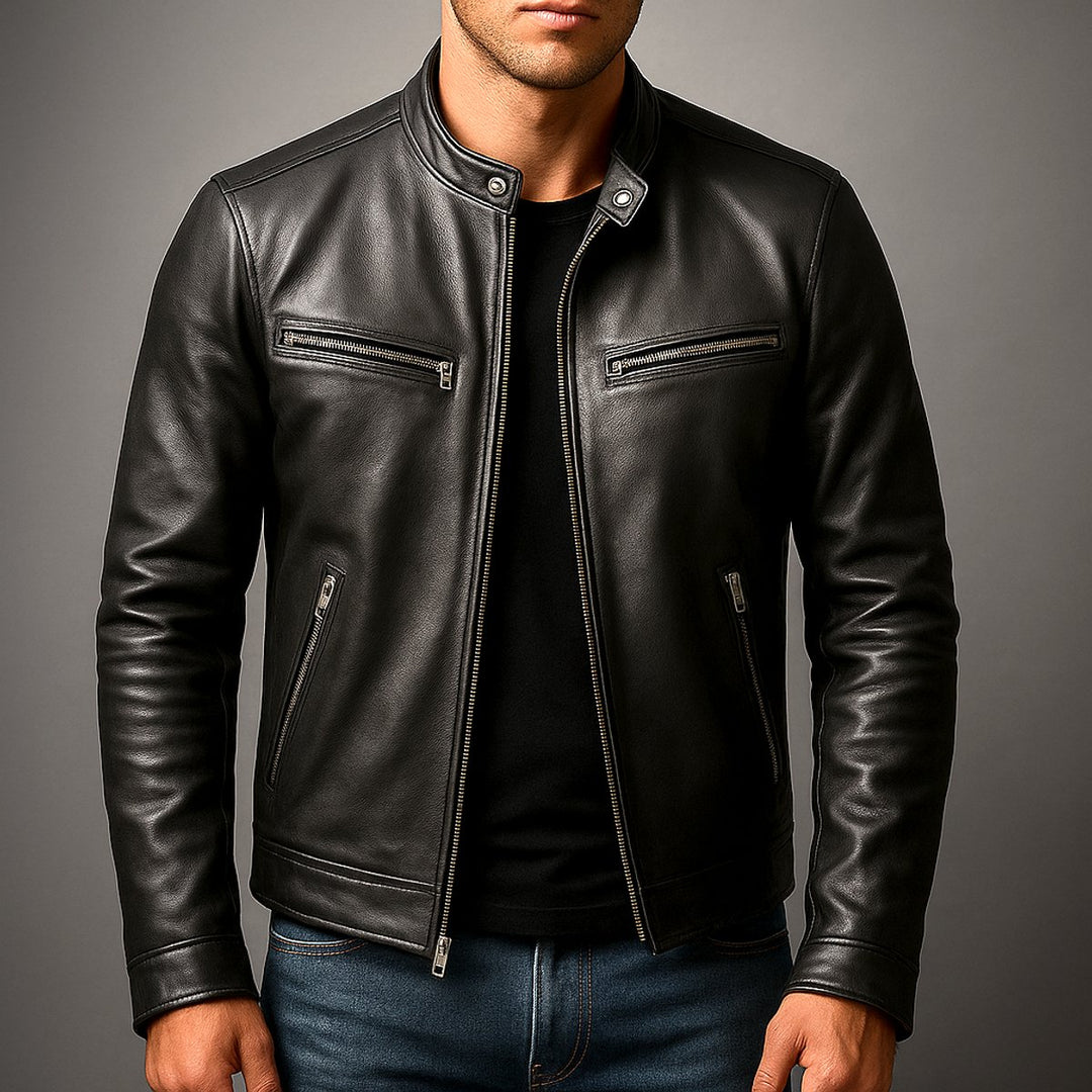 Mens Slim-Fit Faux Leather Biker Jacket Zip-Up Moto Coat