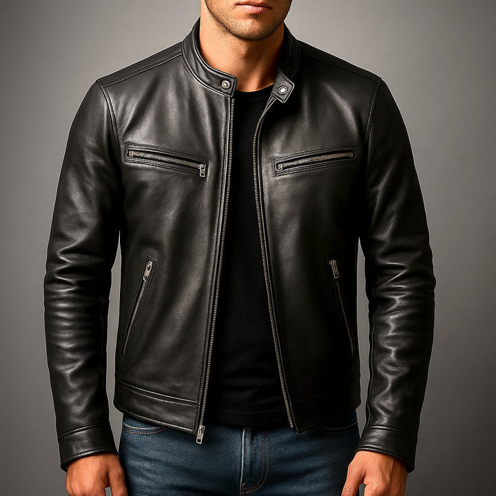 Mens Slim-Fit Faux Leather Biker Jacket Zip-Up Moto Coat