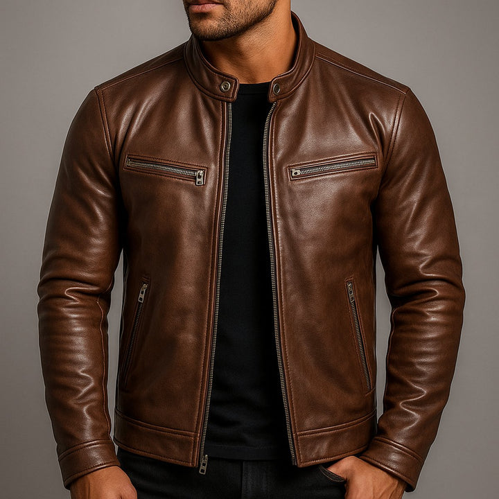 Mens Slim-Fit Faux Leather Biker Jacket Zip-Up Moto Coat