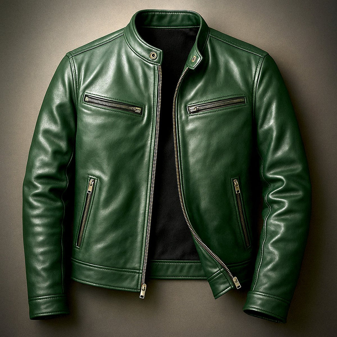 Mens Slim-Fit Faux Leather Biker Jacket Zip-Up Moto Coat