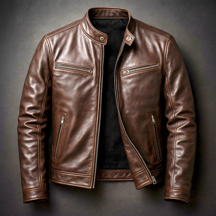 Mens Slim-Fit Faux Leather Biker Jacket Zip-Up Moto Coat