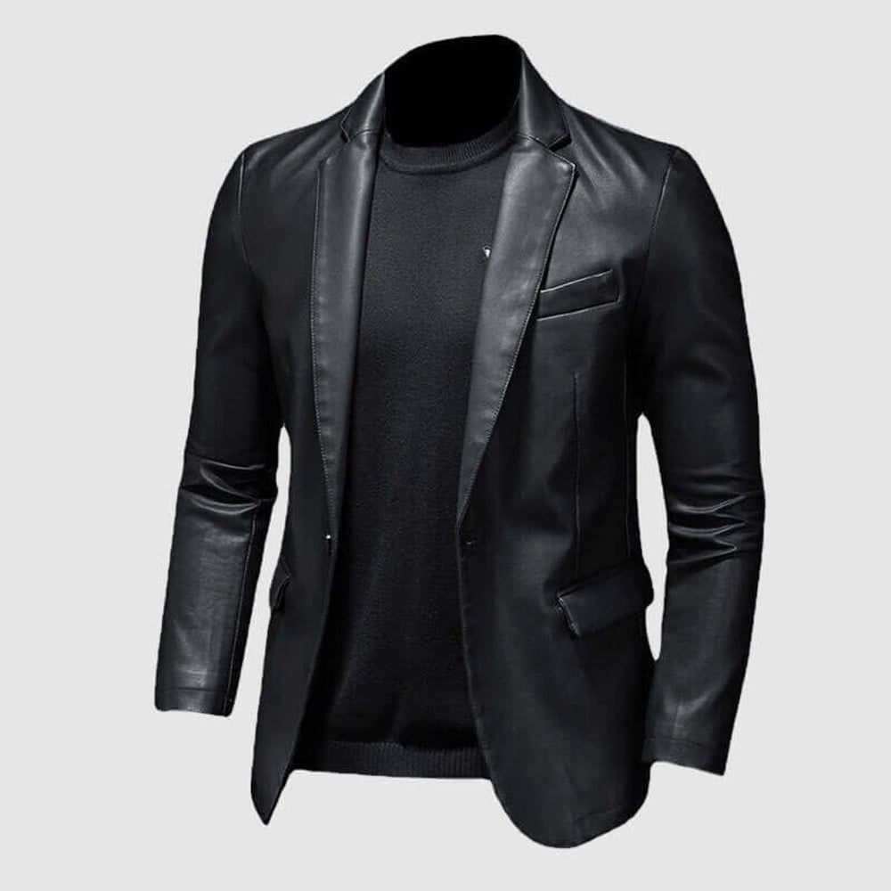 Men's Slim-Fit Faux Leather Blazer Jacket