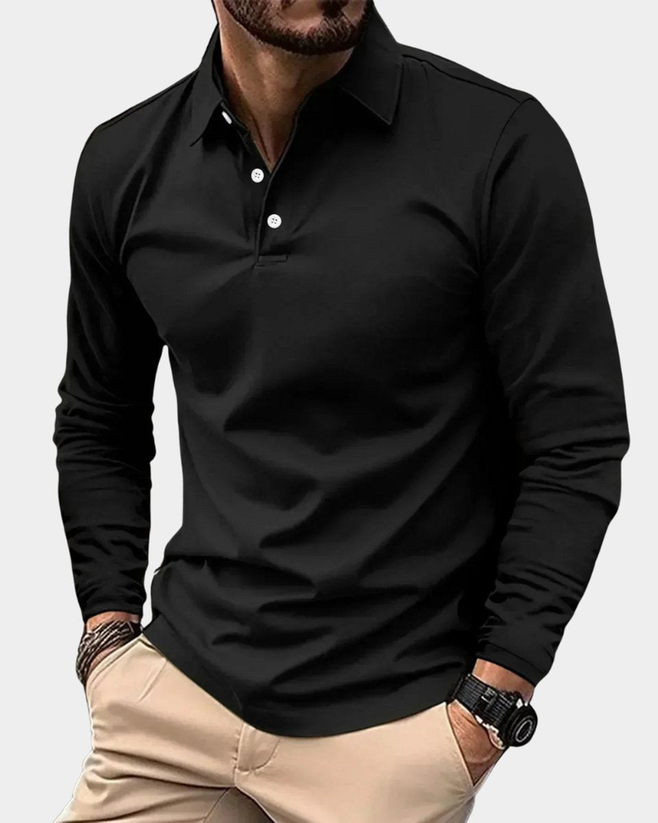 Men's Slim-Fit Henley Long-Sleeve Polo Shirt Smart-Casual Button Collar